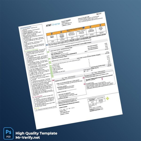 USA AT T U-verse Editable Utility Bill Template in Word and PDF formats
