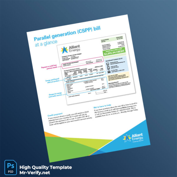 USA Alliant Energy Editable Parallel Generation CSPP Bill Template in Word and PDF formats 2 page