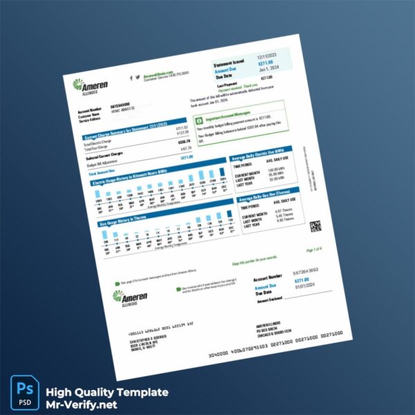 USA Ameren Illinois Editable Utility Bill Template in Word and PDF formats 4 page