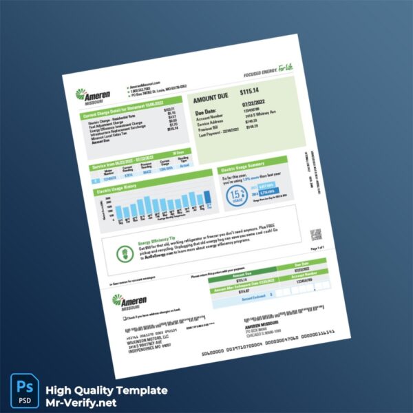 USA Ameren Missouri Editable Electricity Bill Template in Word and PDF formats 2 page