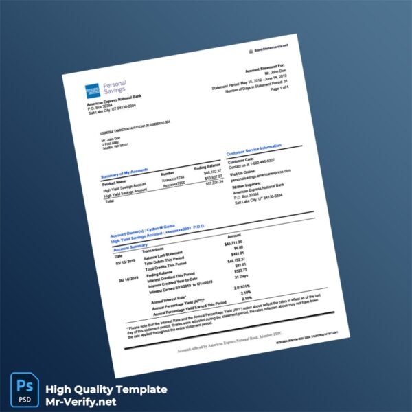 USA American Express Bank Statement Template in Word and PDF formats 5 page