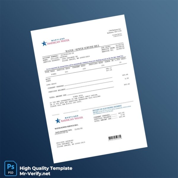 USA American Water Editable Water_Sewer Service Bill Template in Word and PDF formats