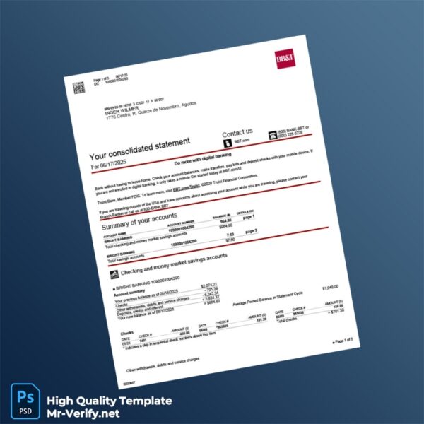 USA BB T Bank Statement Template in Word and PDF formats 5 page