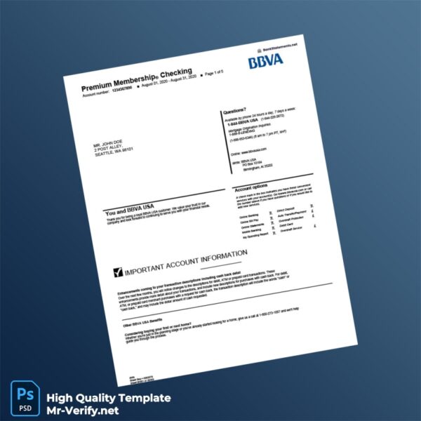 USA BBVA Bank Statement Template in Word and PDF formats 5 page
