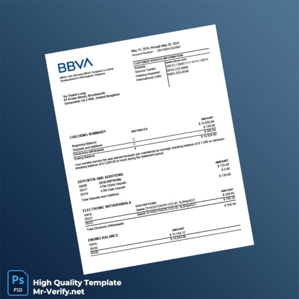 USA BBVA Checking Account Statement Template in Word and PDF formats