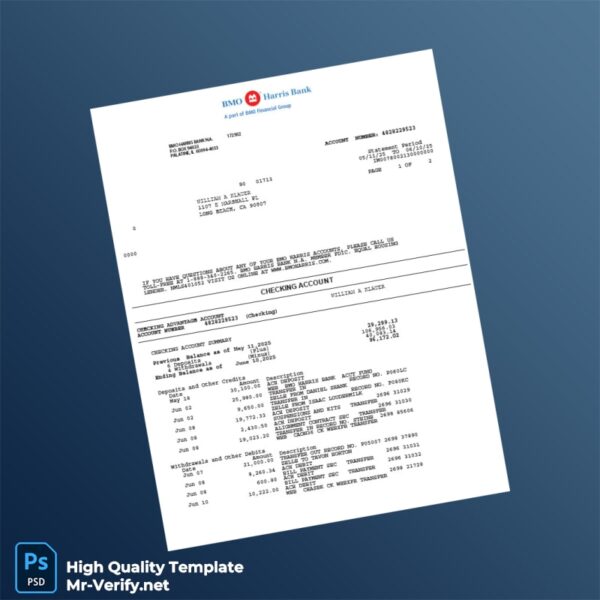 USA BMO Bank Statement Template in Word and PDF formats 3 page