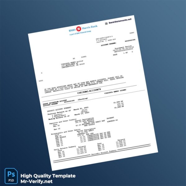 USA BMO Harris Bank Statement Template in Word and PDF formats 4 page