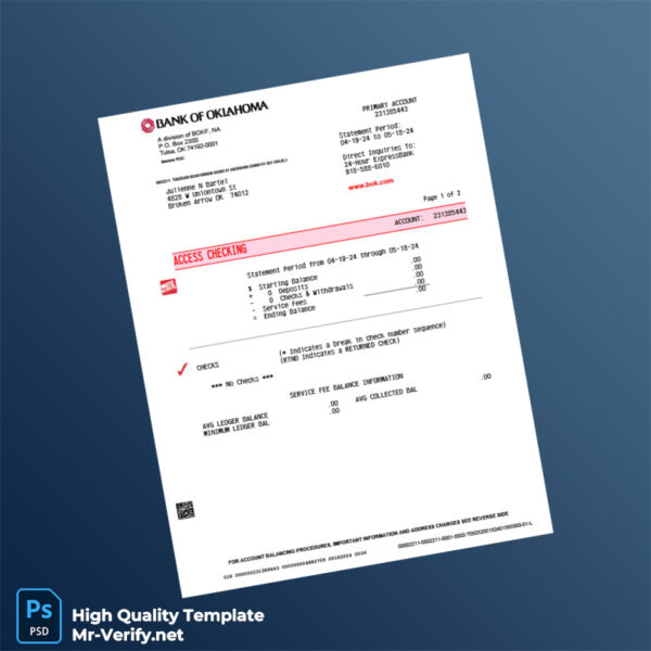 USA BOKF NA Bank Statement Template in Word and PDF formats 2 page