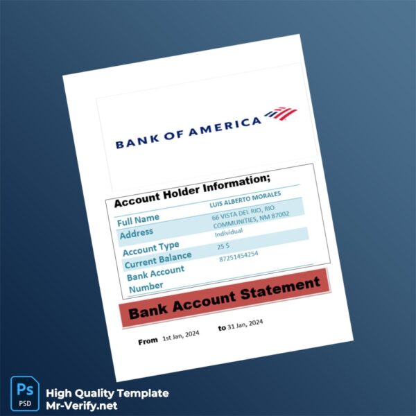 USA Bank of America Account Statement Template in Word and PDF formats 3 page