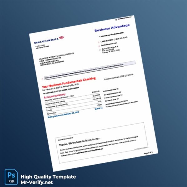 USA Bank of America Bank Statement Template in Word and PDF formats 4 page