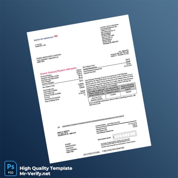 USA Bank of America Credit Card Statement Template in Word and PDF formats 4 page