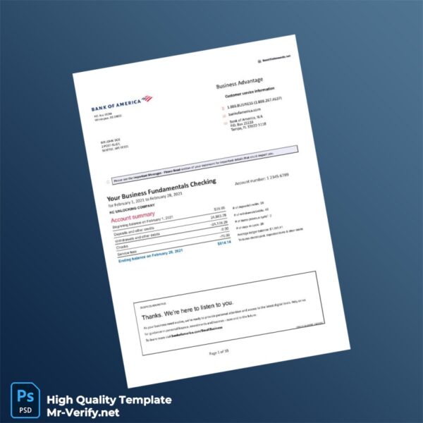 USA Bank of America Fake Bank Statement Template in Word and PDF formats