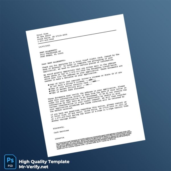 USA Bank of Missouri Editable Visa Application Document Request Template in Word and PDF formats