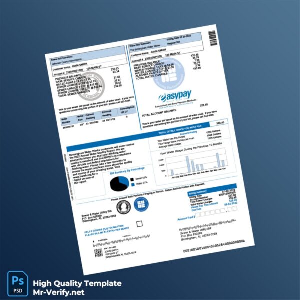 USA Birmingham Water Works Board Editable Water Bill Template in Word and PDF formats 2 page