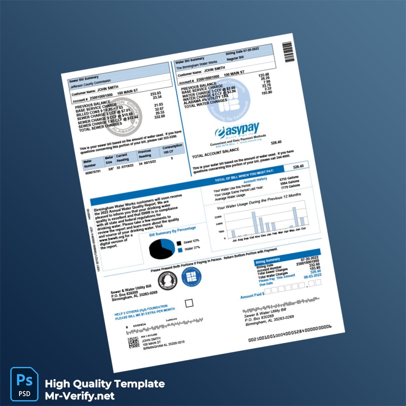 USA Birmingham Water Works Board Editable Water Bill Template in Word and PDF formats 2 page USA Birmingham Water Works Board Editable Water Bill Template in Word and PDF formats 2 page