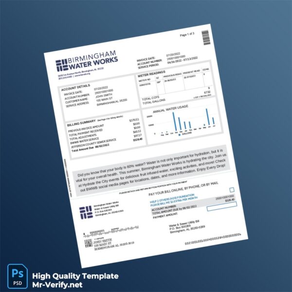 USA Birmingham Water Works Editable Water Bill Template in Word and PDF formats 4 page