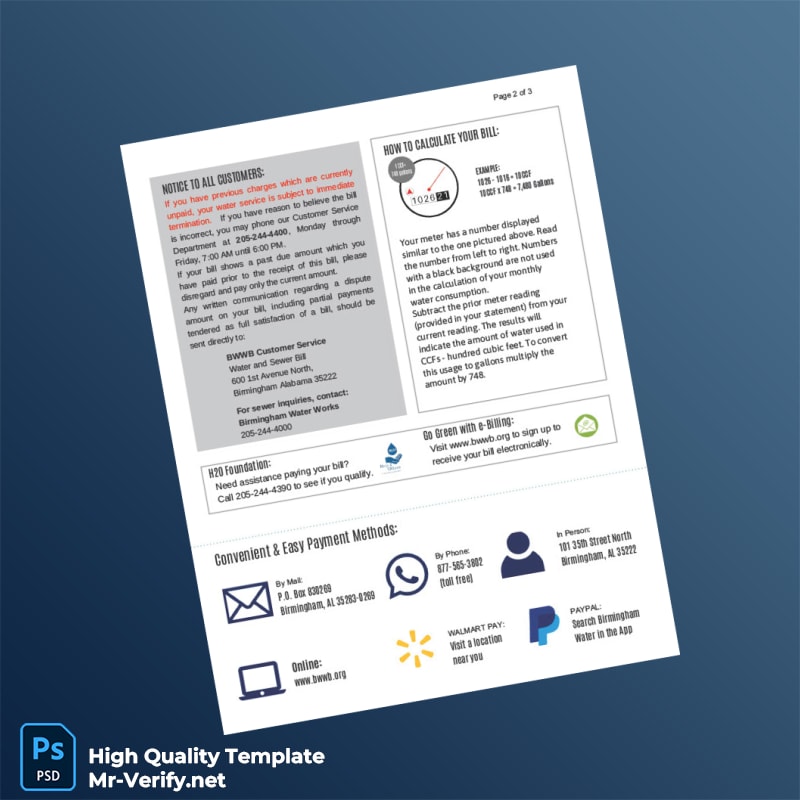 USA Birmingham Water Works Editable Water Bill Template in Word and PDF formats 4 page USA Birmingham Water Works Editable Water Bill Template in Word and PDF formats 4 page