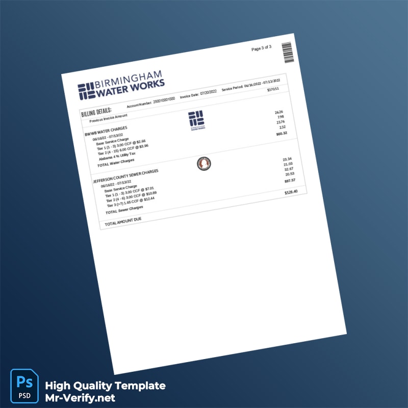 USA Birmingham Water Works Editable Water Bill Template in Word and PDF formats 4 page USA Birmingham Water Works Editable Water Bill Template in Word and PDF formats 4 page