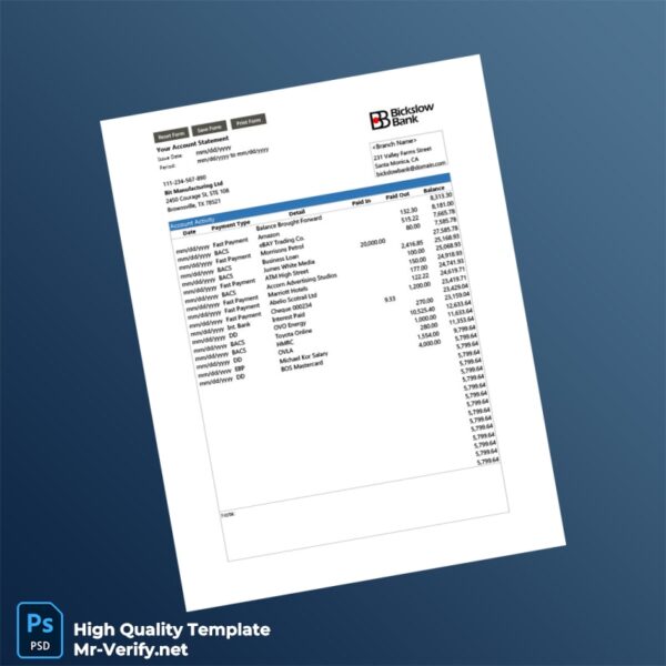 USA Bit Manufacturing Ltd Bank Statement Template in Word and PDF formats