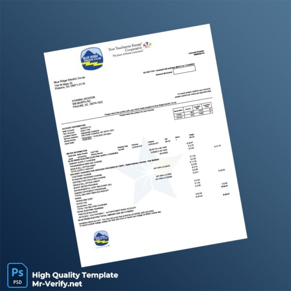 USA Blue Ridge Electric Co-op Editable Utility Bill Template in Word and PDF formats