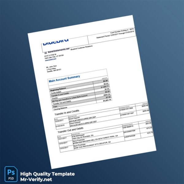 USA Bluebird Bank Statement Template in Word and PDF formats 3 page