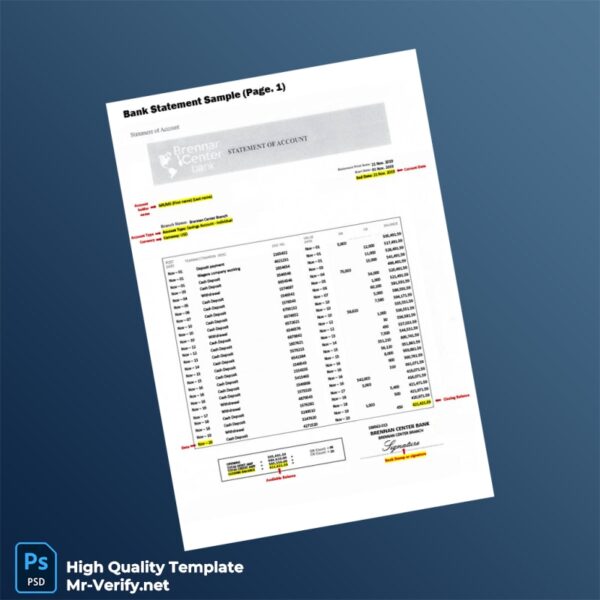 USA Brennan Center Bank Bank Statement Template in Word and PDF formats 2 page