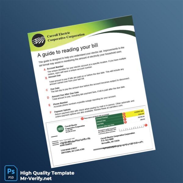 USA Carroll Electric Cooperative Corporation Editable Electricity Bill Template in Word and PDF formats 2 page