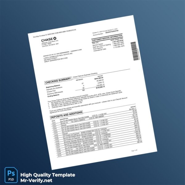 USA Chase Business Bank Statement Template in Word and PDF formats 6 page