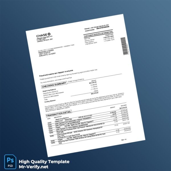 USA Chase College Checking Statement Template in Word and PDF formats 4 page