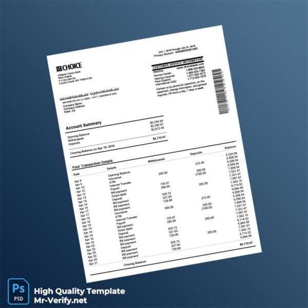 USA Choice Bank Statement Template in Word and PDF formats