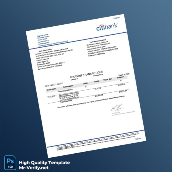 USA Citibank Bank Statement Template in Word and PDF formats