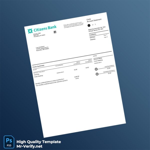 USA Citizens Bank Statement Template in Word and PDF formats 2 page