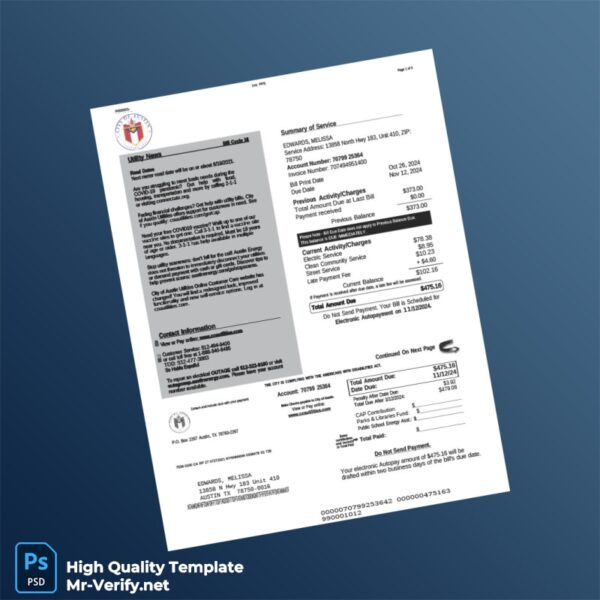 USA City of Austin Editable Electric Bill Template in Word and PDF formats 4 page