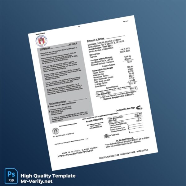 USA City of Austin Editable Utility Bill Template in Word and PDF formats