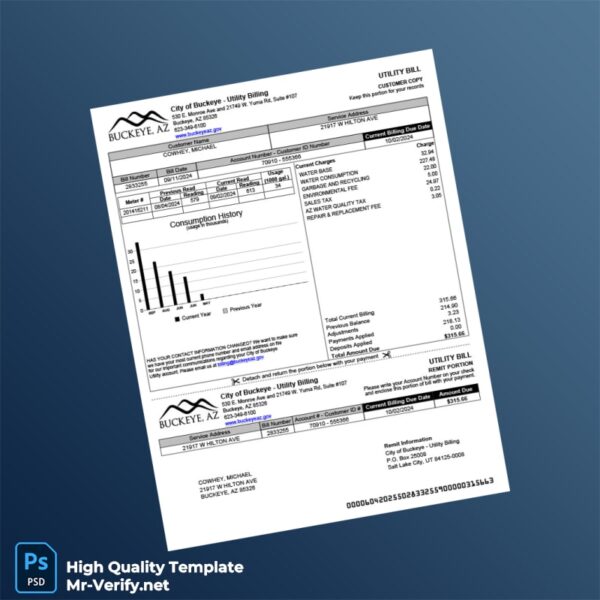 USA City of Buckeye Editable Utility Bill Template in Word and PDF formats