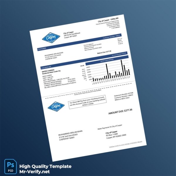 USA City of Casper Editable Water Bill Template in Word and PDF formats