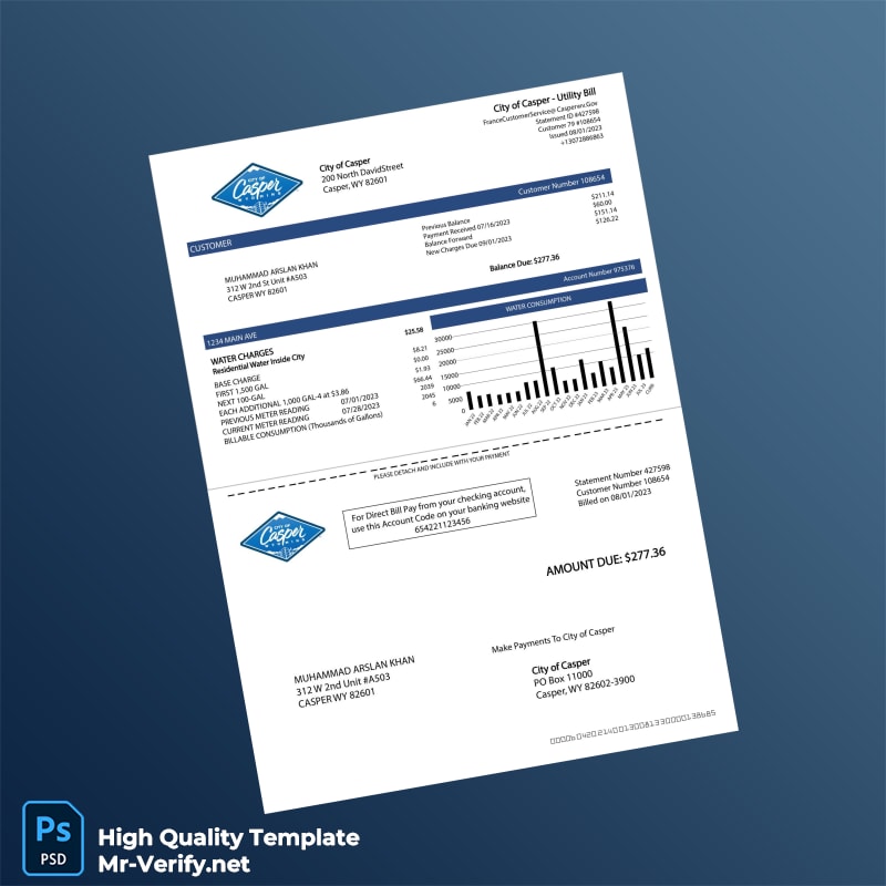 USA City of Casper Editable Water Bill Template in Word and PDF formats USA City of Casper Editable Water Bill Template in Word and PDF formats