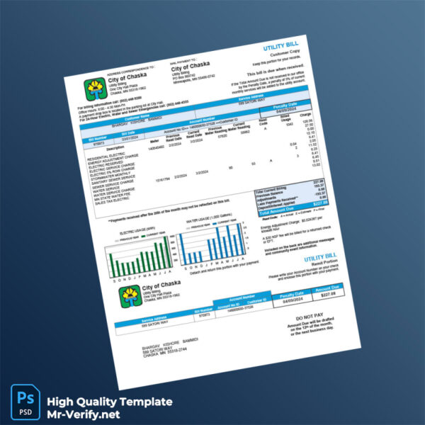 USA City of Chaska Editable Utility Bill Template in Word and PDF formats 2 page