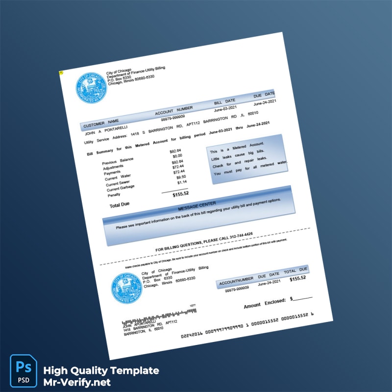 USA City of Chicago Editable Utility Bill Template in Word and PDF formats 2 page USA City of Chicago Editable Utility Bill Template in Word and PDF formats 2 page