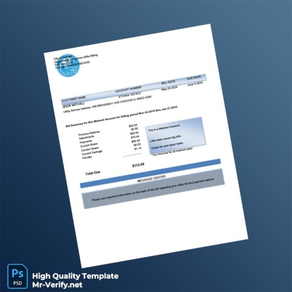 USA City of Chicago Editable Water Bill Template in Word and PDF formats 4 page