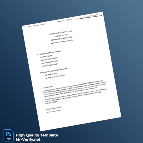 USA City of Columbia Editable Utility Bill Template in Word and PDF formats 2 page