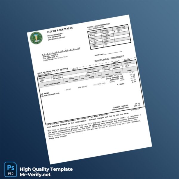 USA City of Lake Wales Utilities Department Editable Water Bill Template in Word and PDF formats
