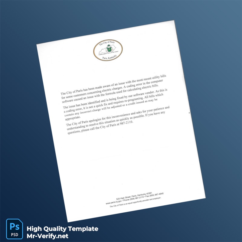 USA City of Paris Editable Utility Bill Notice Template in Word and PDF formats USA City of Paris Editable Utility Bill Notice Template in Word and PDF formats