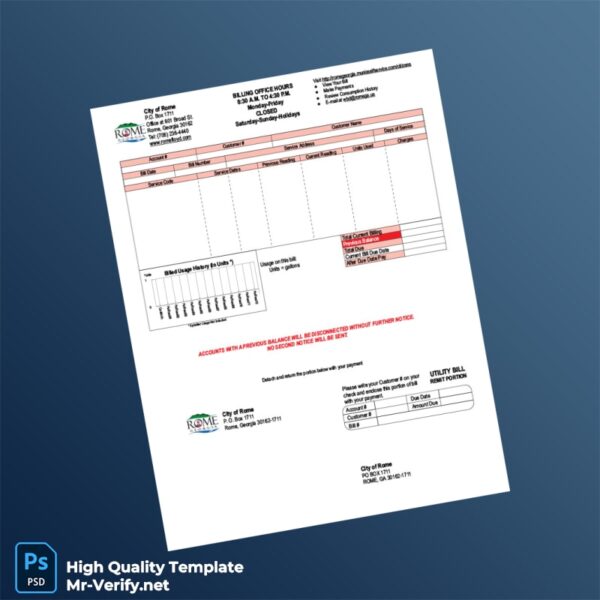 USA City of Rome Editable Utility Bill Template in Word and PDF formats 2 page