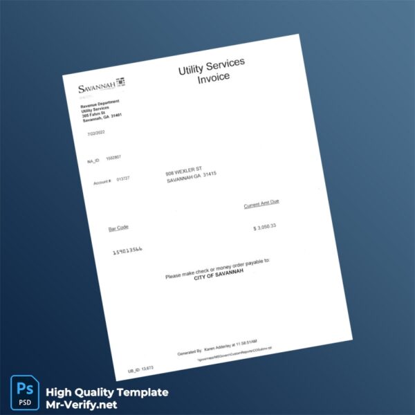 USA City of Savannah Editable Utility Bill Template in Word and PDF formats