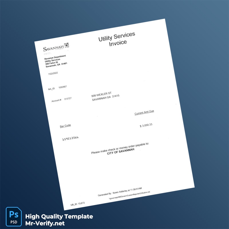 USA City of Savannah Editable Utility Bill Template in Word and PDF formats USA City of Savannah Editable Utility Bill Template in Word and PDF formats