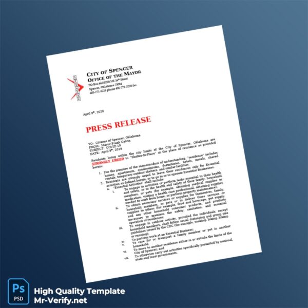 USA City of Spencer Editable Shelter-In-Place Press Release Template in Word and PDF formats 2 page