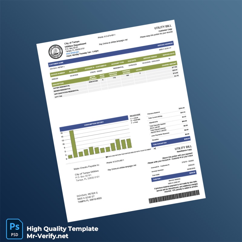 USA City of Tampa Editable Water Bill Template in Word and PDF formats USA City of Tampa Editable Water Bill Template in Word and PDF formats