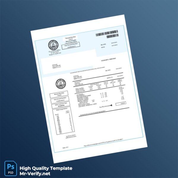 USA City of Tampa Utilities Editable Water Bill Template in Word and PDF formats