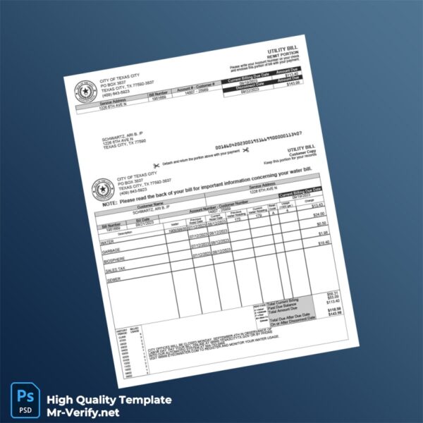 USA City of Texas City Editable Utility Bill Template in Word and PDF formats 2 page